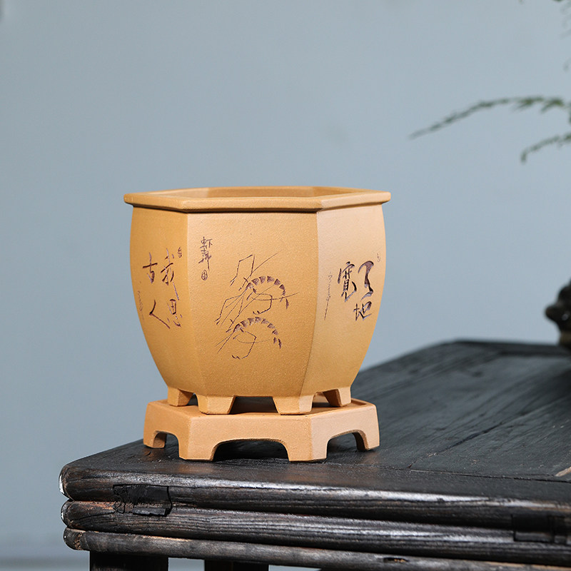 清香阁 宜兴匠人手工段泥六方盆 桌面绿植花器 室内小型兰花紫砂