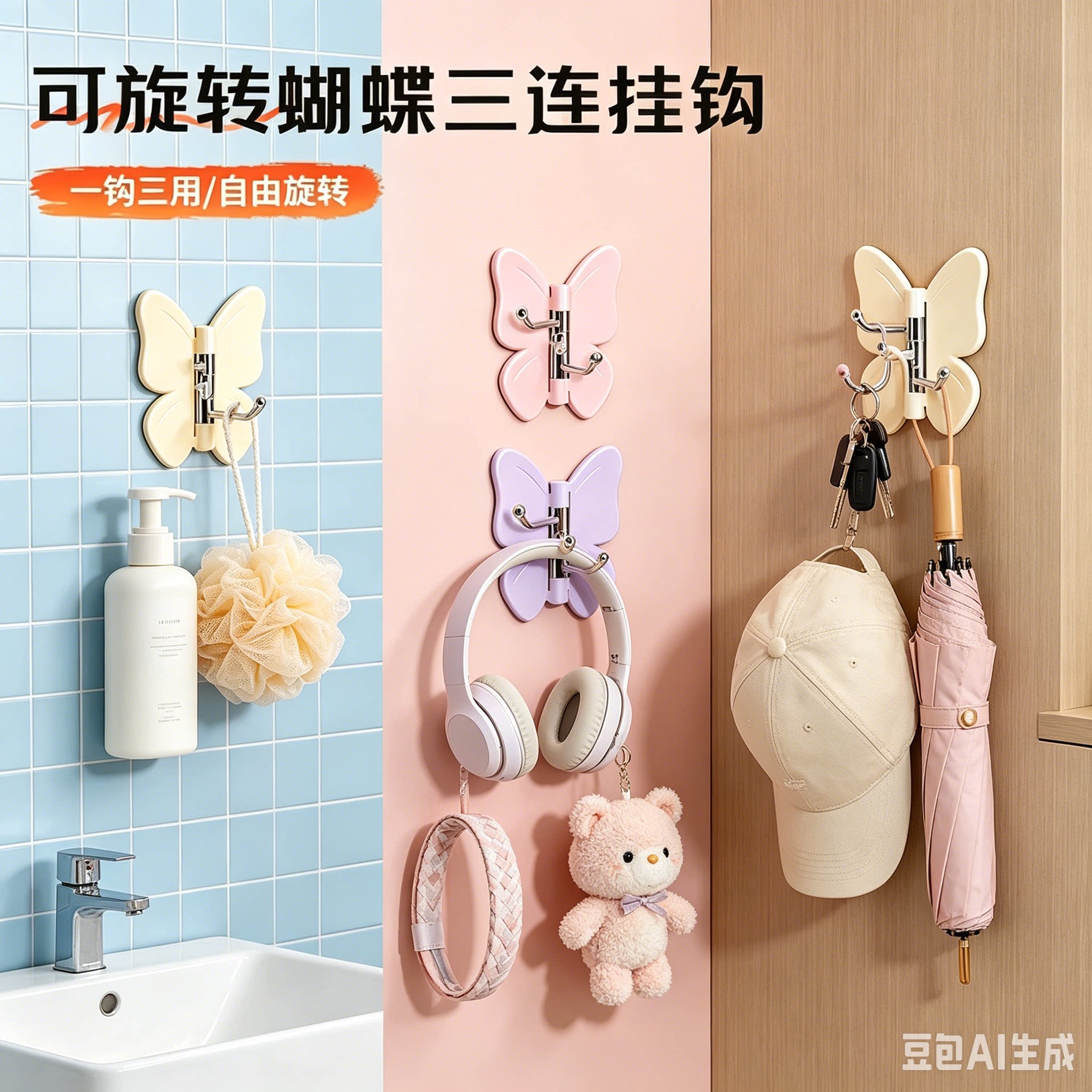 家用厨房转角挂钩可旋转蝴蝶三连挂钩壁挂式免打孔多用收纳钩xy