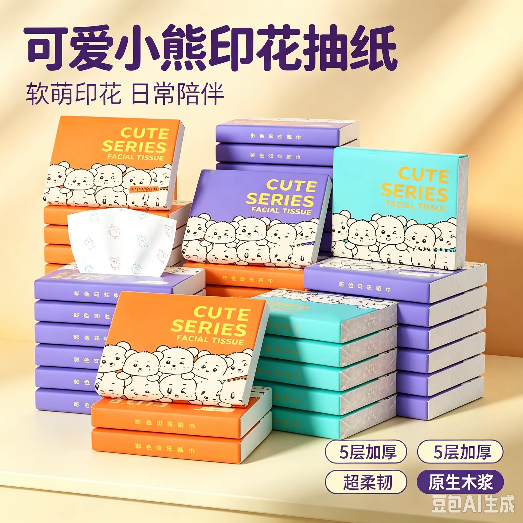 小熊印花纸巾随身便携小包抽纸整箱家用实惠装一次性面巾纸抽xy2