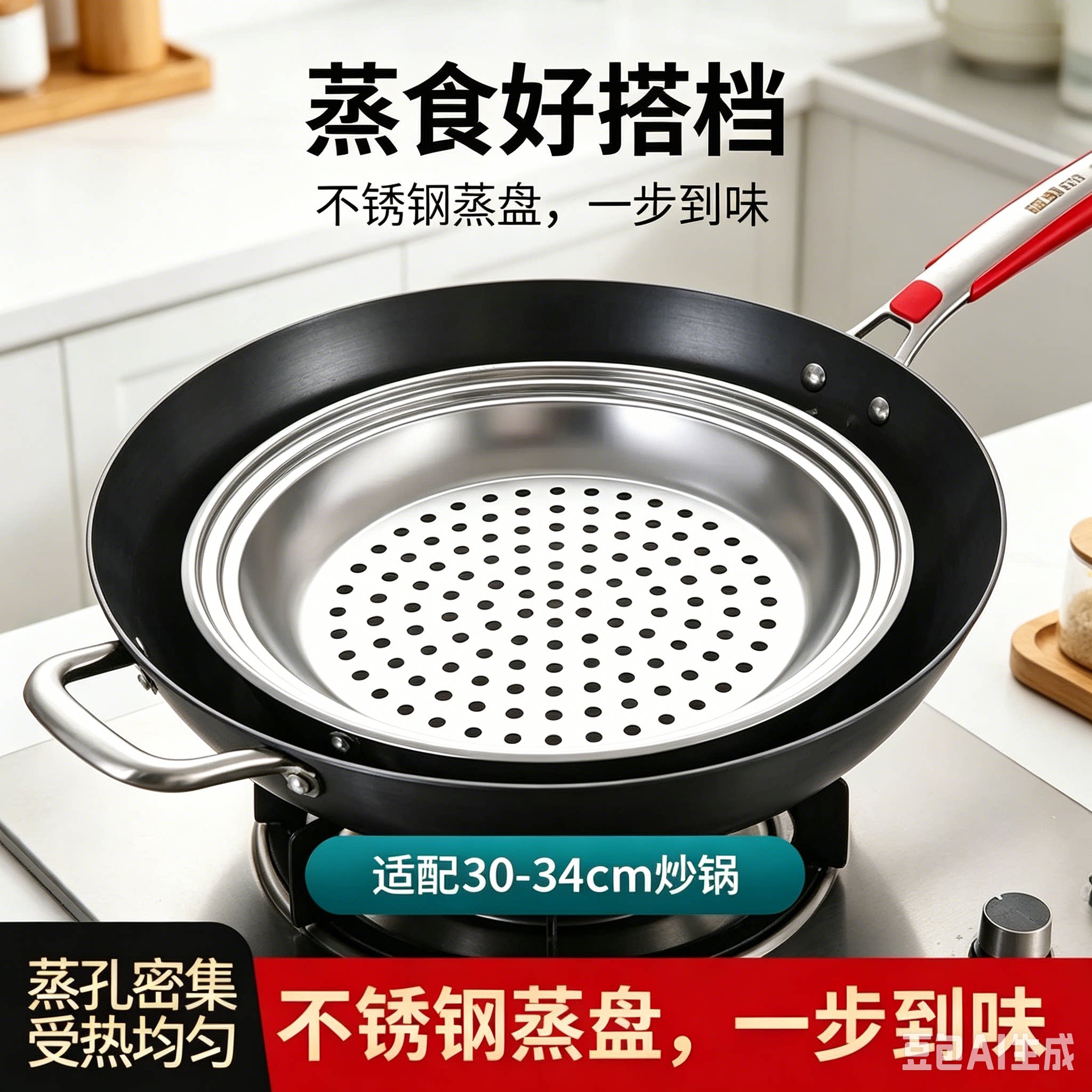 【适用30-34CM炒锅】炒锅专用蒸盘不锈钢孔密集多功能隔水蒸架xy4