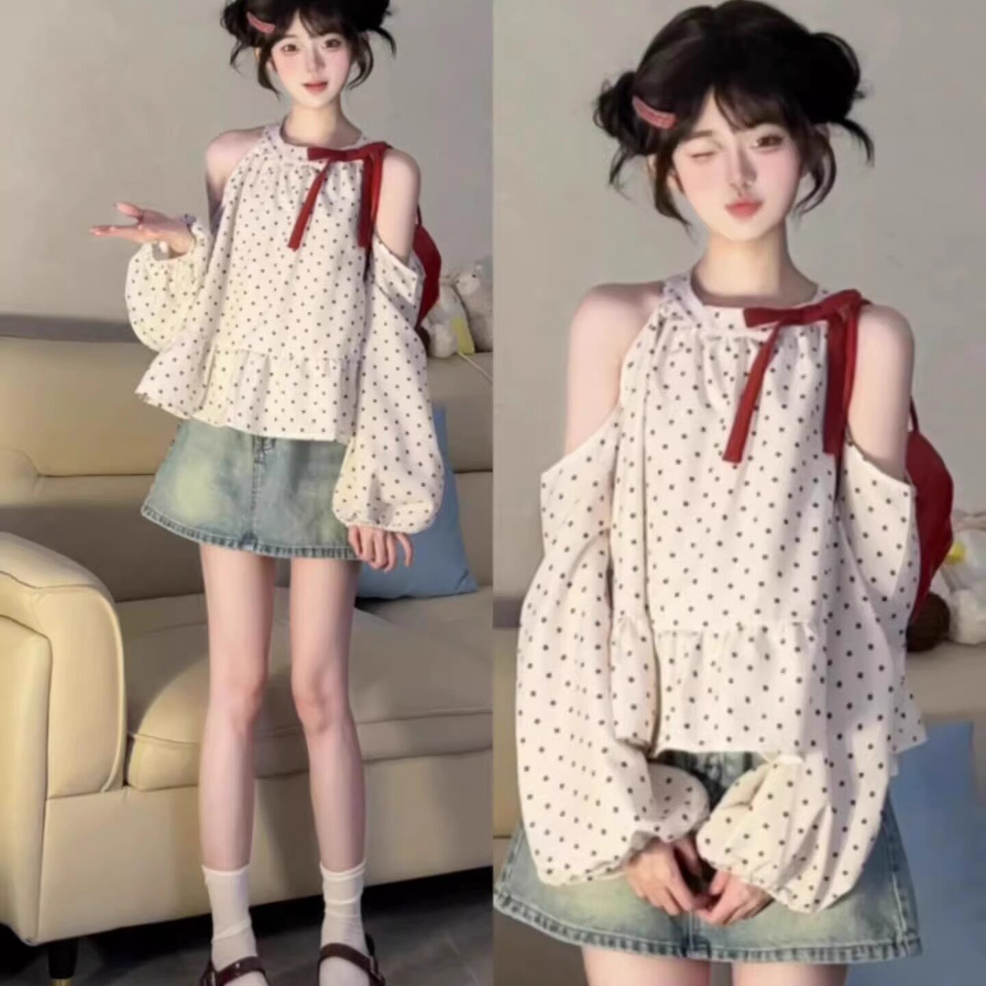 法式绝美蝴蝶结波点衬衫