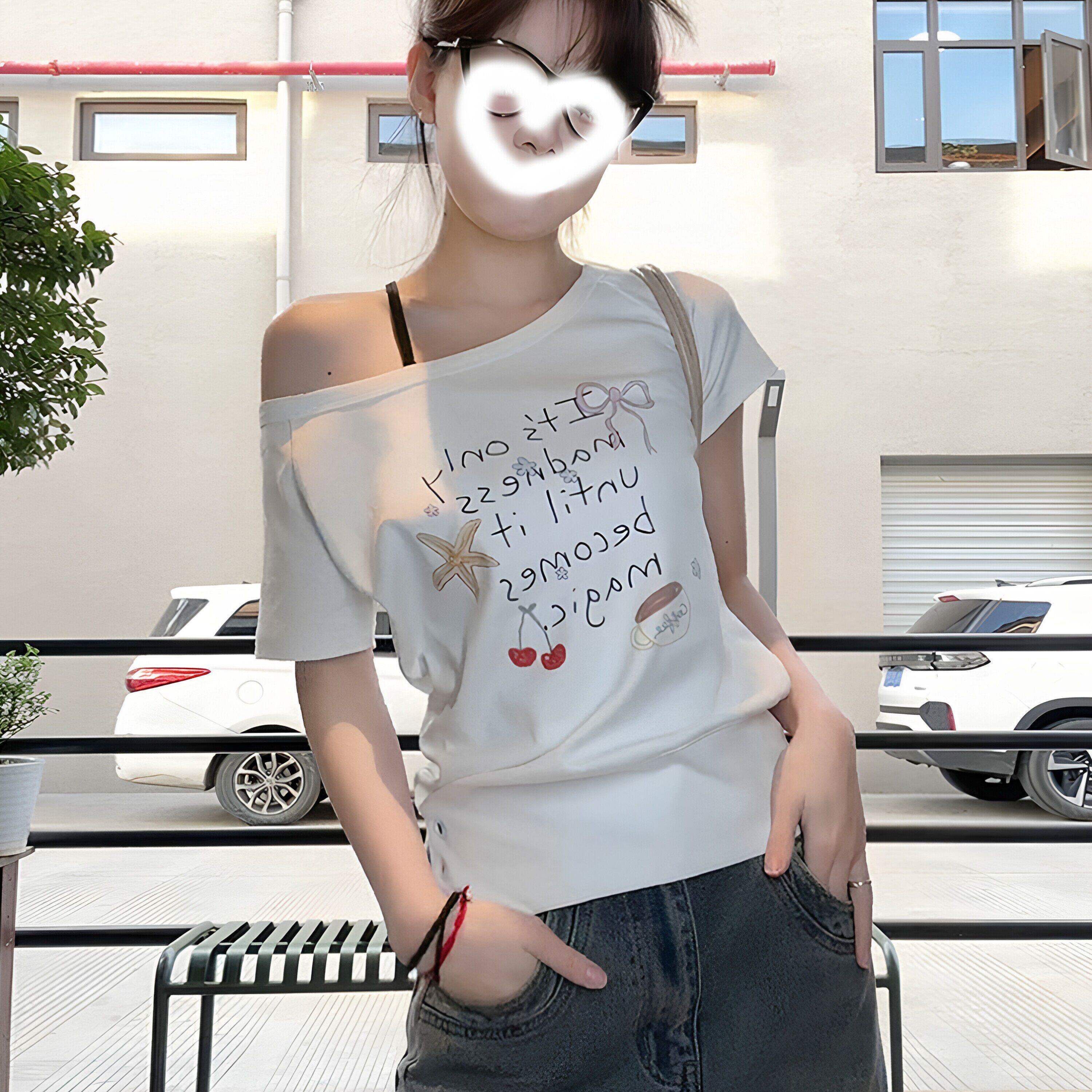 美式辣妹斜肩短袖女夏季