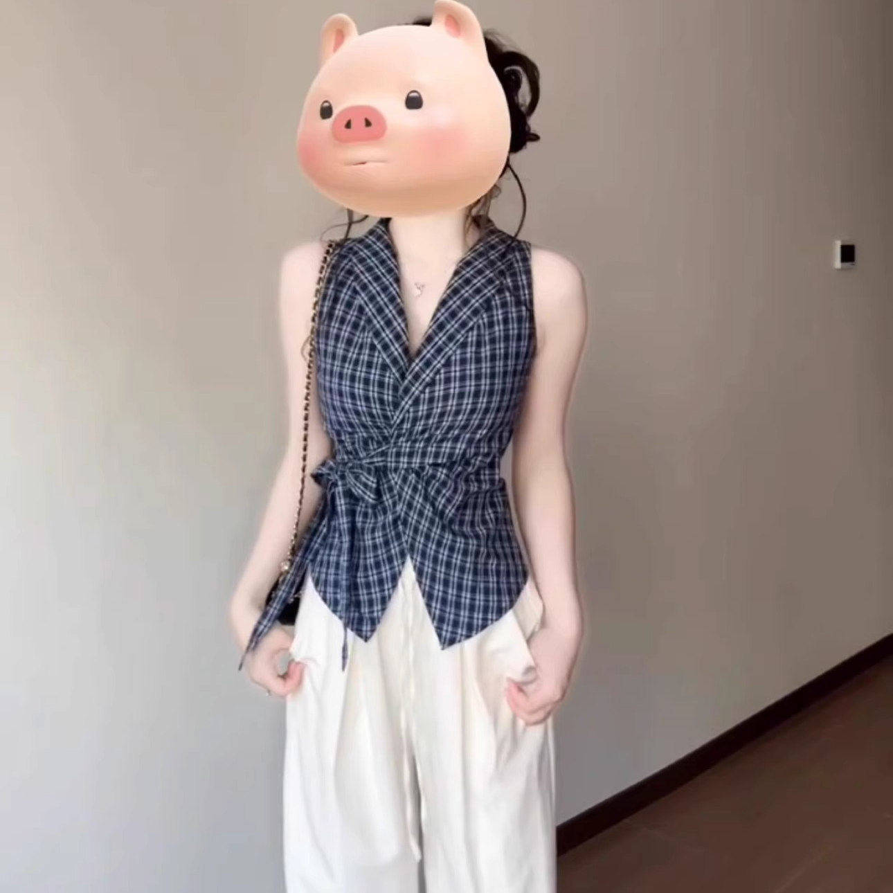 法式V领蝴蝶结绑带蓝色格