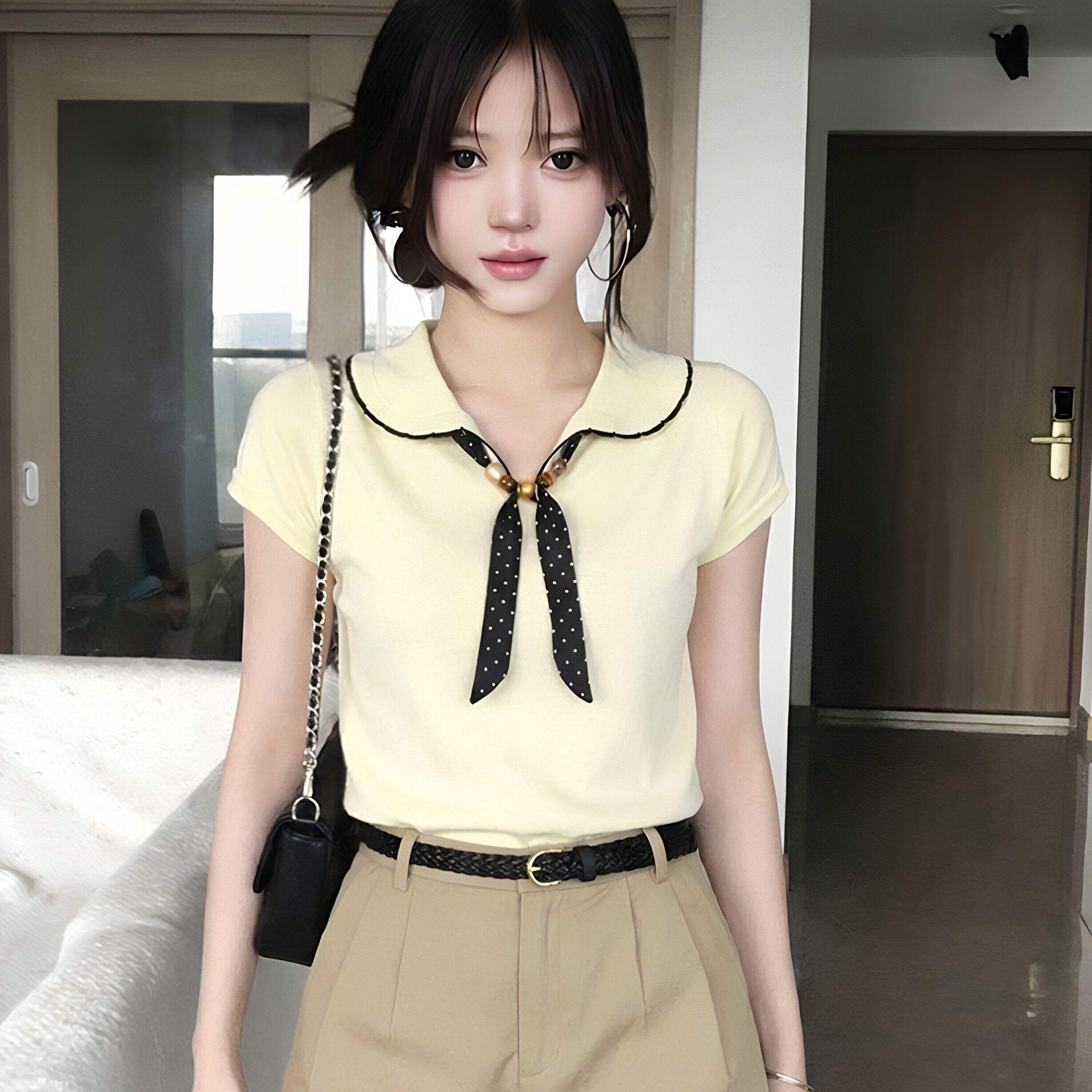 杏色冰丝短袖针织衫女夏