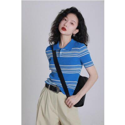 独特漂亮polo衫蓝色条纹短袖T恤针织衫女夏季冰丝独特超好看上衣