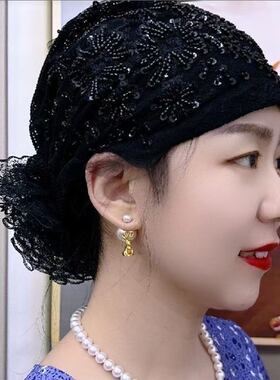 洋气百搭新款凤尾花盘花帽妈妈时尚头巾束发帽遮白发蕾丝包头帽女