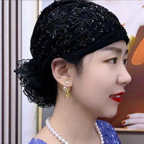 洋气百搭新款凤尾花盘花帽妈妈时尚头巾束发帽遮白发蕾丝包头帽女