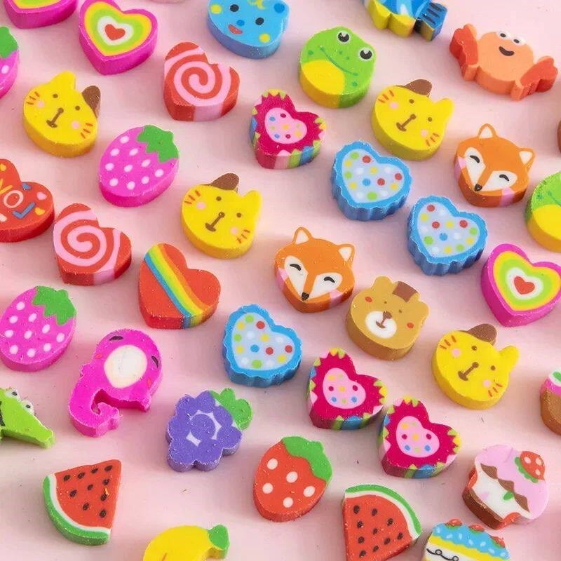 50pcs/bag Cartoon Animals Fruit Erasers Mini Cute Rubber Pen