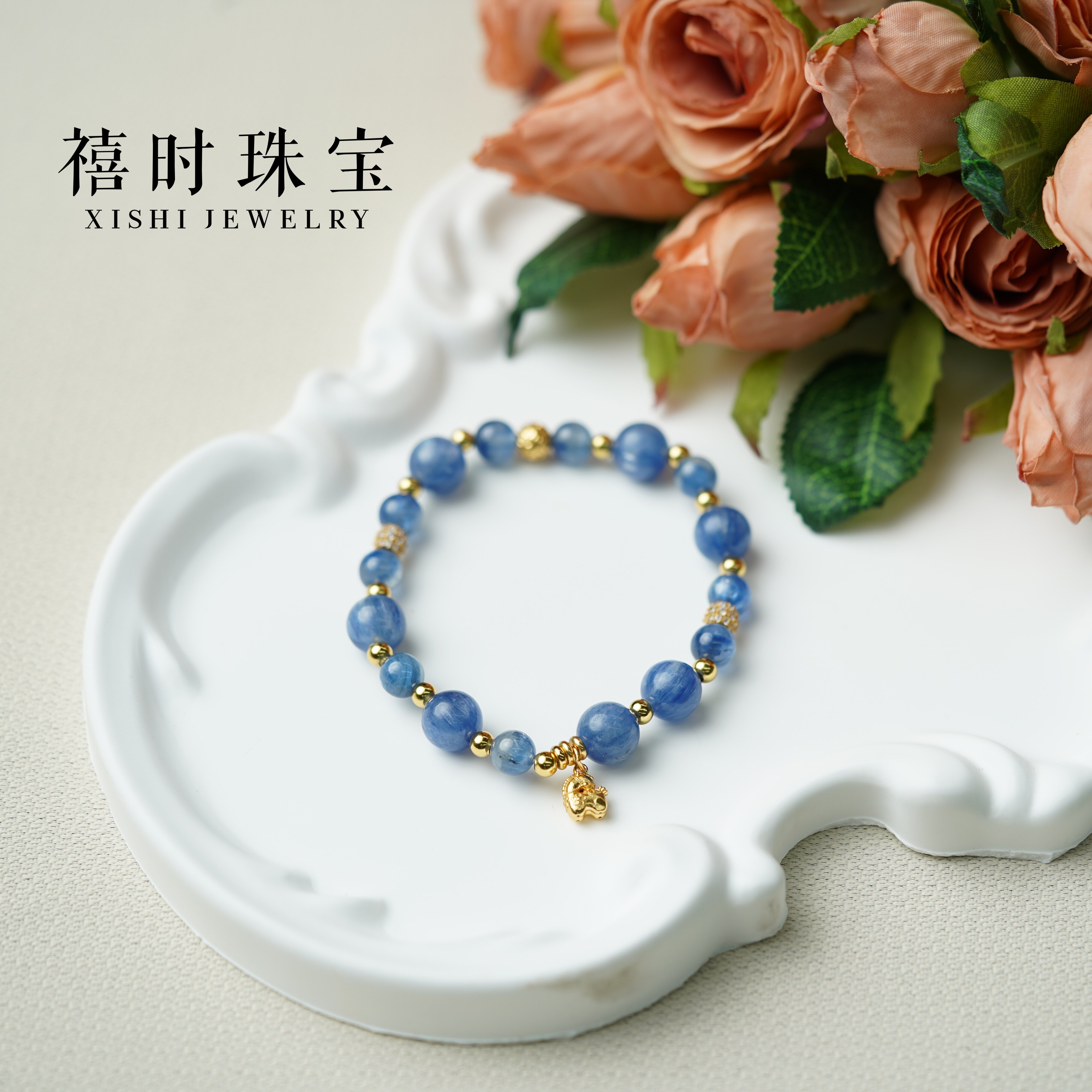 天然蓝晶石水晶手串轻奢金象吊坠转运珠显白气质通勤百搭手饰