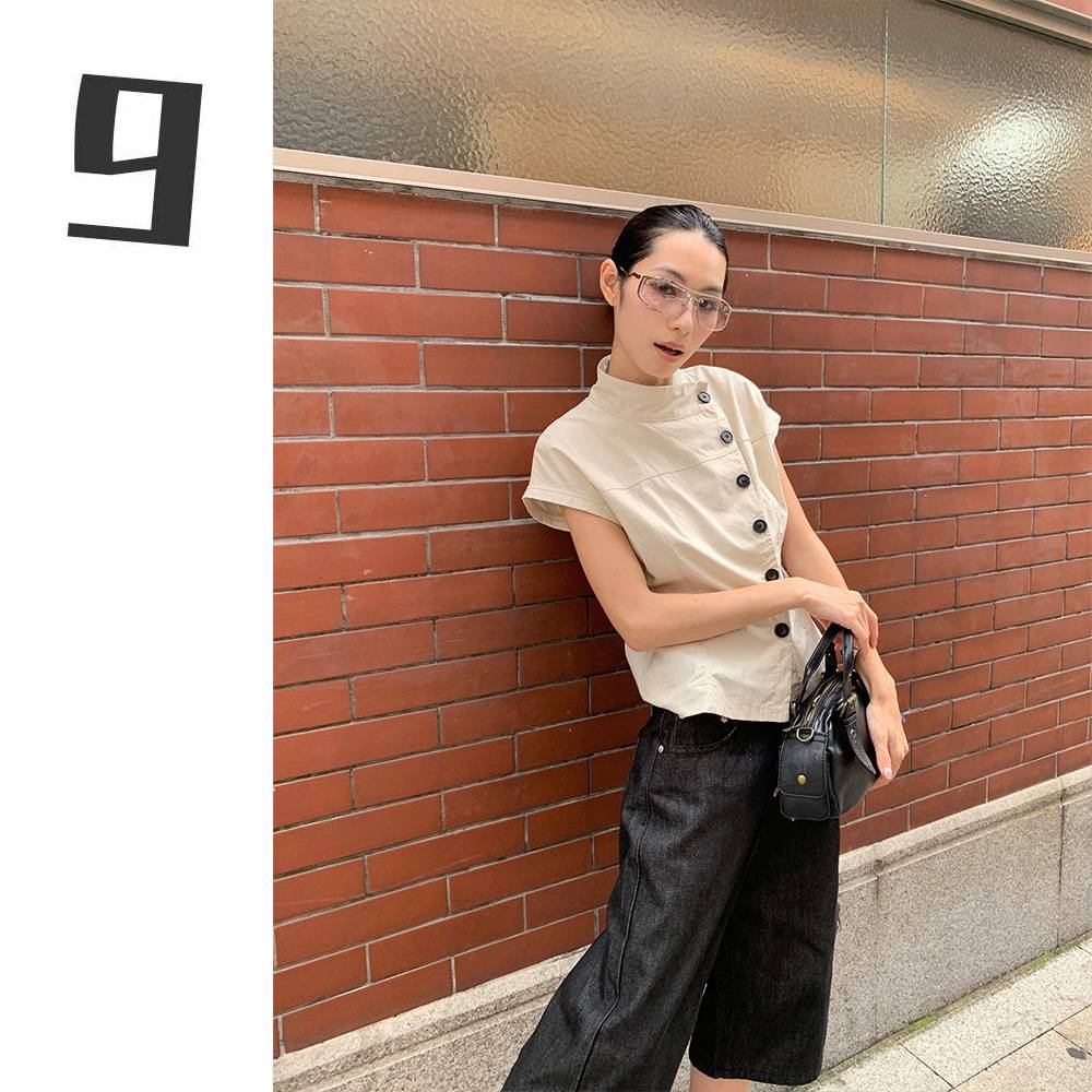 [9hour]小众设计感立领排扣短袖衬衫夏季复古风收腰小衫上衣M5723