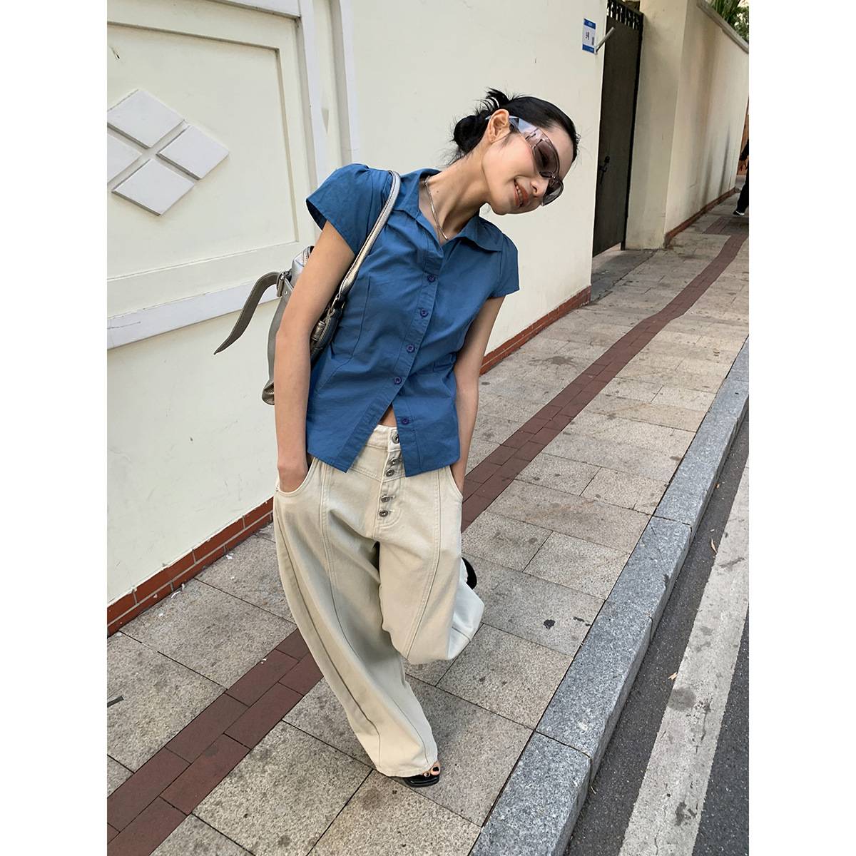 [9hour]设计感单排扣阔腿牛仔裤女 2026春季分割弯刀裤子女