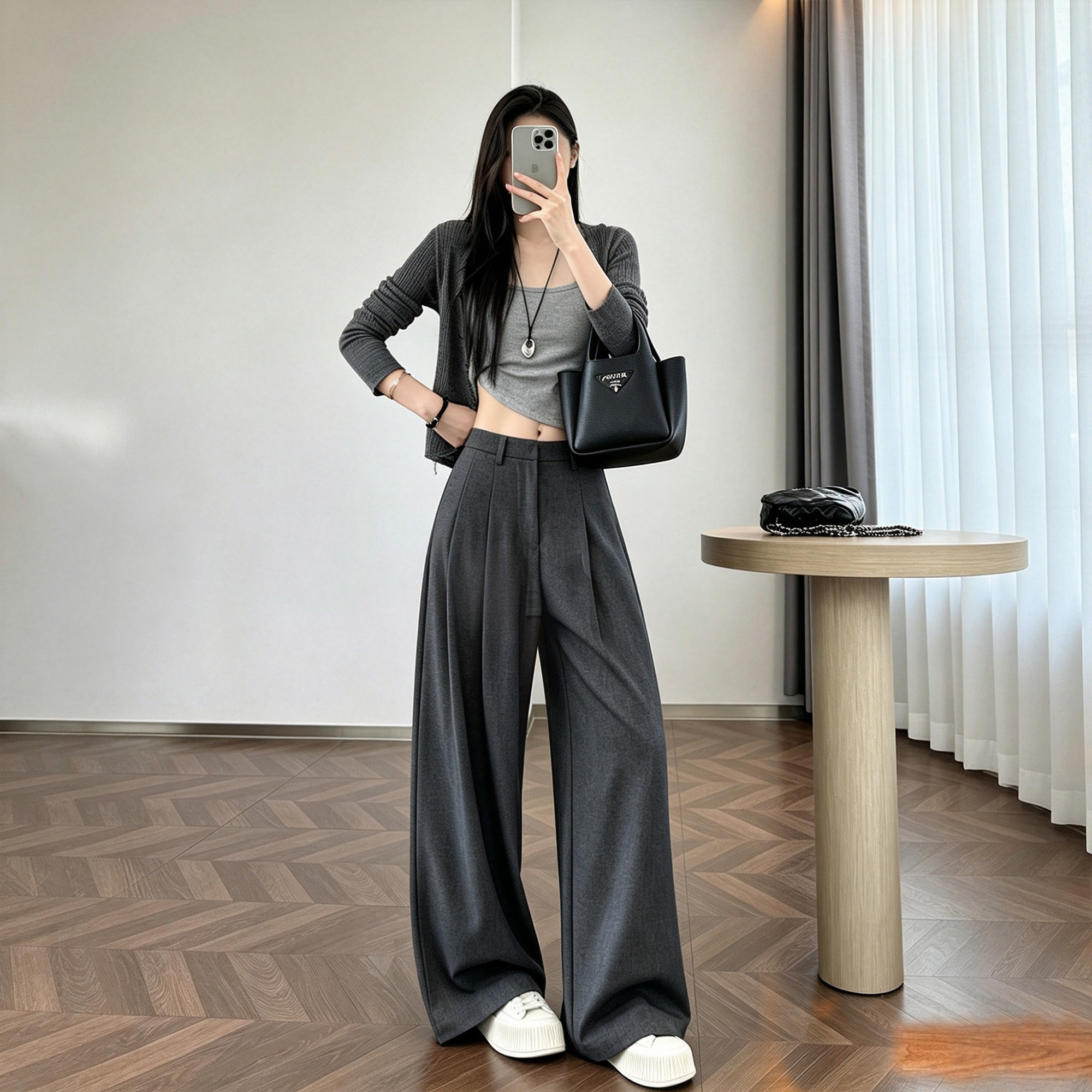灰色羊毛高腰垂感阔腿西装裤女