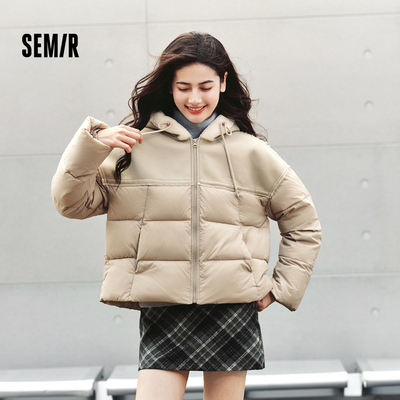 森马复古毛绒连帽拼接宽松棉服女