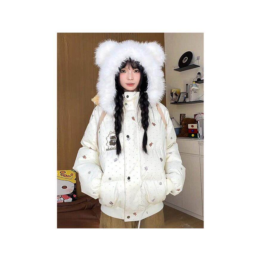 日系多巴胺毛领连帽棉服