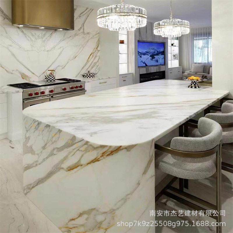 天然大理石卡拉卡塔金轻奢鱼肚金餐桌岛台餐边柜洗手台岩板背景墙