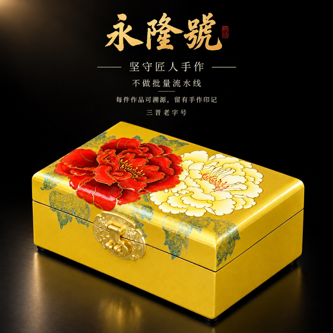 永隆号平遥推光漆器土豪金堆鼓牡丹盒国风中式收藏品非遗产品19cm