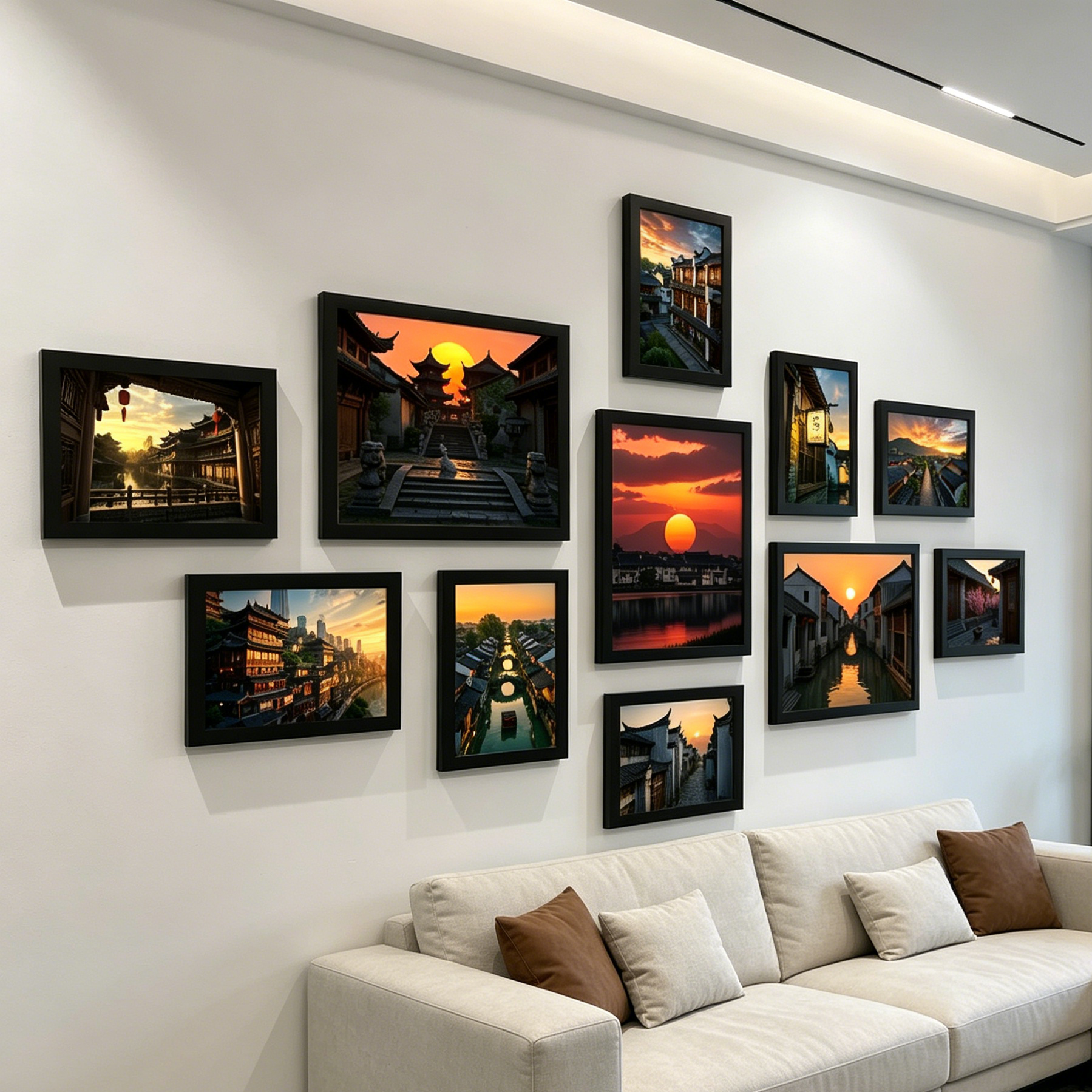江南水乡日落相框照片墙中式古建风景装饰画客厅书房国风挂画组合