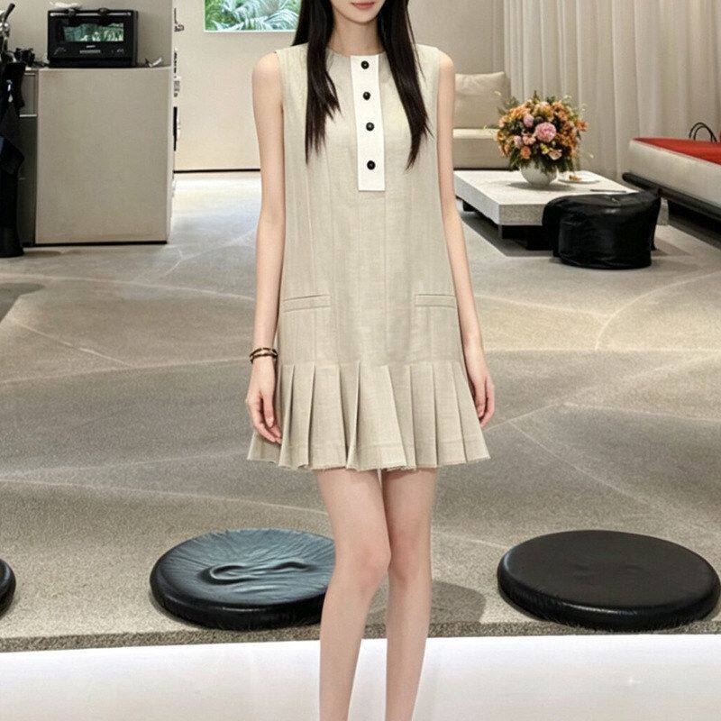 2026夏季新款女装百褶拼接荷叶边短裙无袖圆领背心连衣裙 2K2OB07