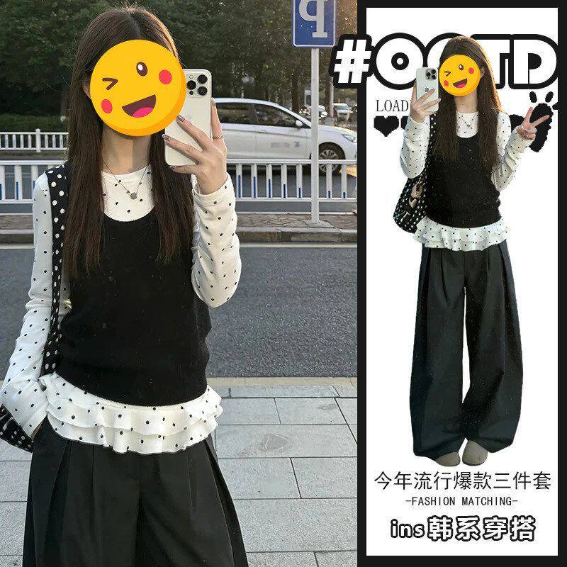 单件/温柔风显气质装女法式气质波点长袖上衣黑色马甲高腰阔腿裤