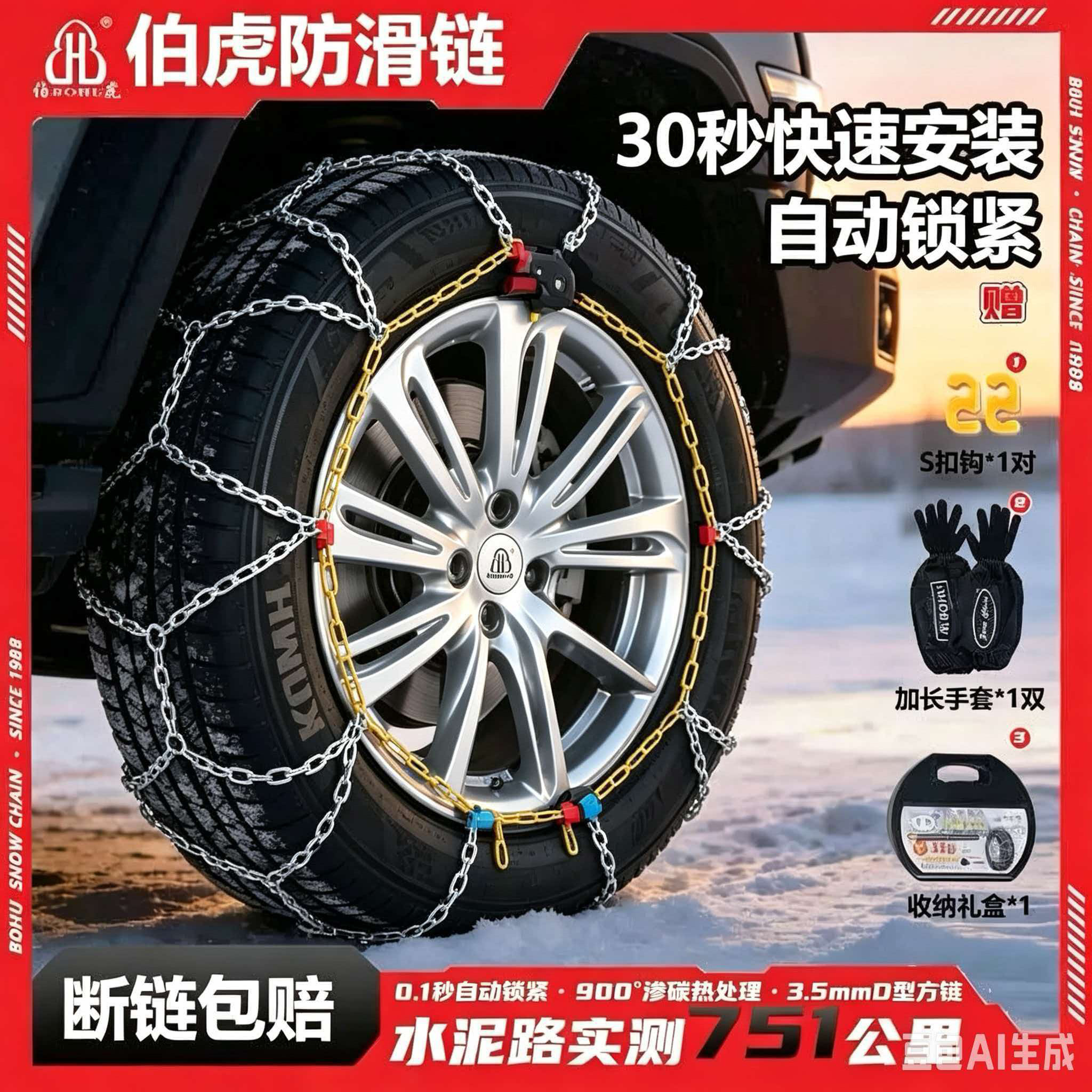 伯虎防滑链HKN系轿车SUV越野车面包车通用型不伤胎雪地轮胎全包链