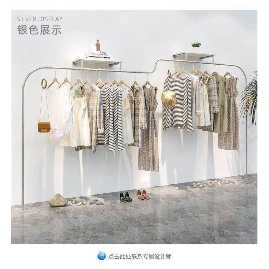 货架银色服装店展示架上墙服装架落地式挂衣架子侧挂陈列架中岛架
