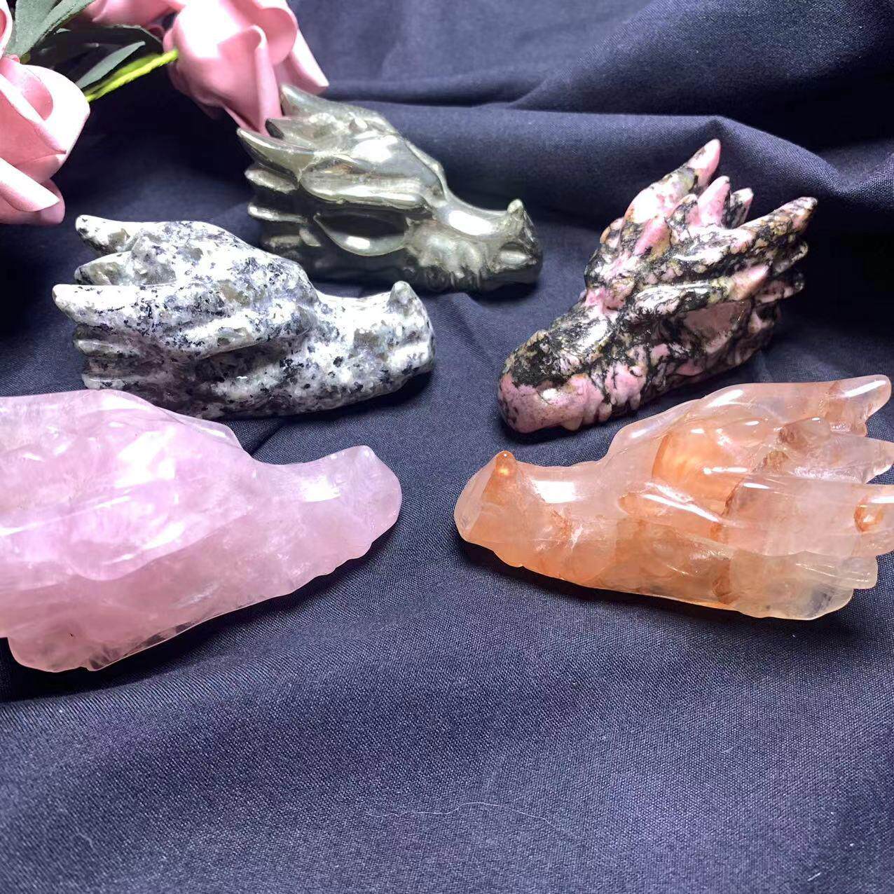 厂家天然火焰石龙头骨模型雕刻件红胶花粉晶黄铁矿水晶工艺品