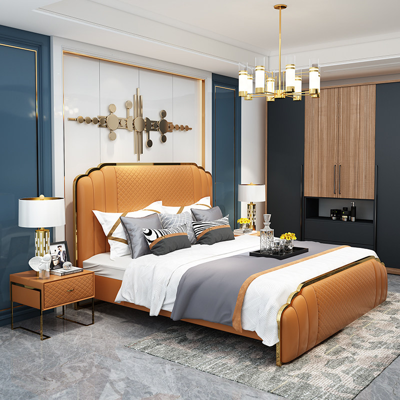 真皮双人床主卧高端大气家用意式法式一米五轻奢欧式高脚1.8米床