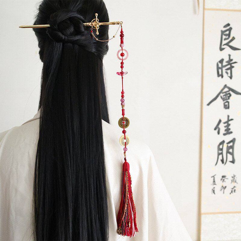 新中式宝剑铜钱吊坠发簪精致古风汉服清冷流苏发饰武侠红色簪剑簪