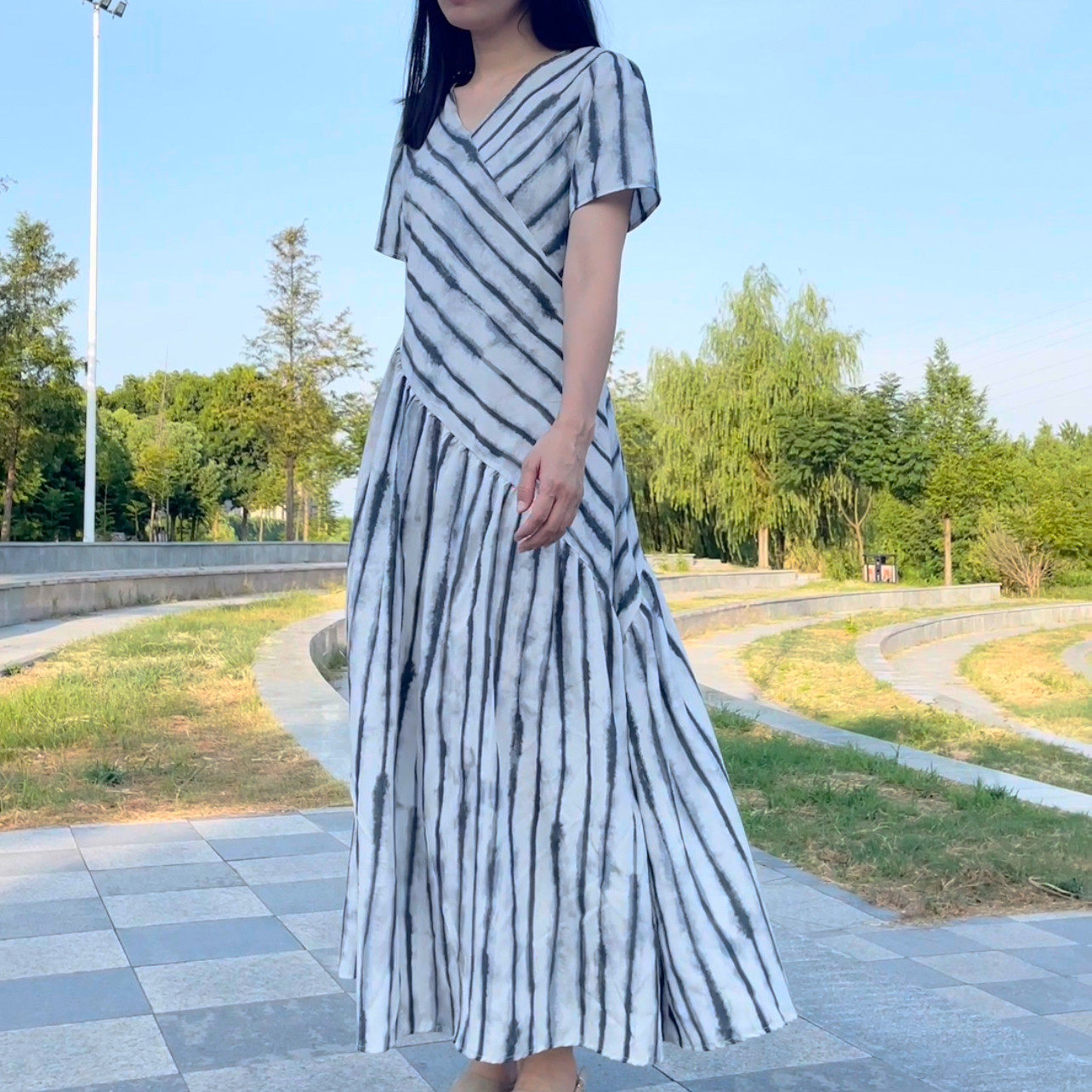 9950#棉绸复古条纹格子拼接洋装夏季新款宽松显瘦连衣气质减龄