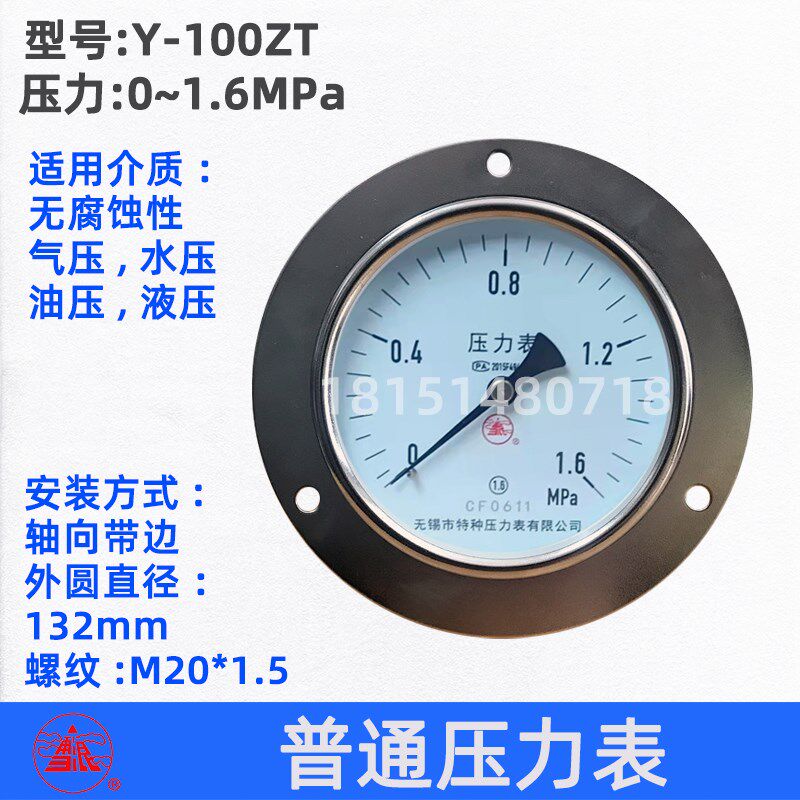 无锡特种雪浪牌 Y-100ZQ 轴向带边弹簧管气压水压液压压力表