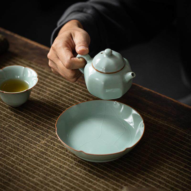 天青汝窑壶承果盘汝瓷开片可养功夫茶具壶托茶承茶盘