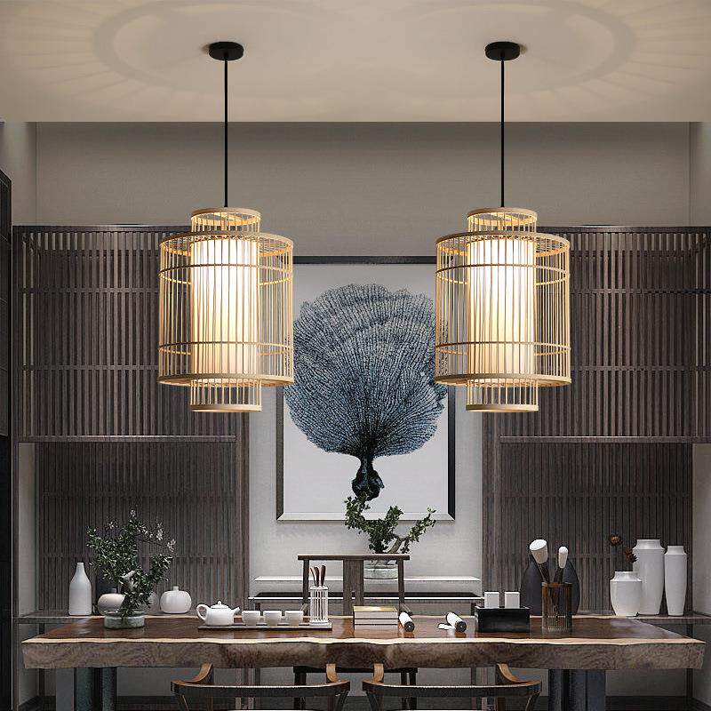 中式竹艺鸟笼吊灯竹子灯饰现中式竹本色餐厅灯具咖啡色禅意吊灯