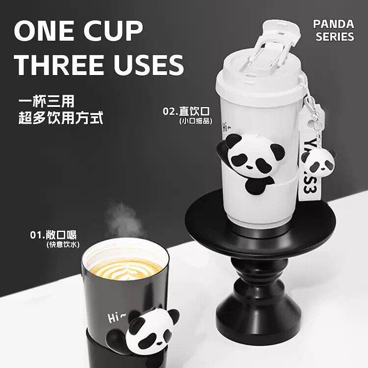 可爱熊猫保温杯夏天成人保冷吸管杯陶瓷涂层女生颜值大容量水杯