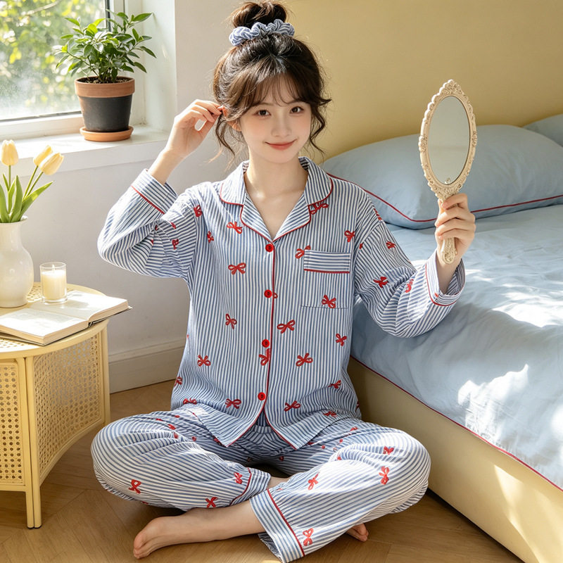 简约风条纹红色蝴蝶结睡衣女秋季新款甜美长袖皱布家居服套装