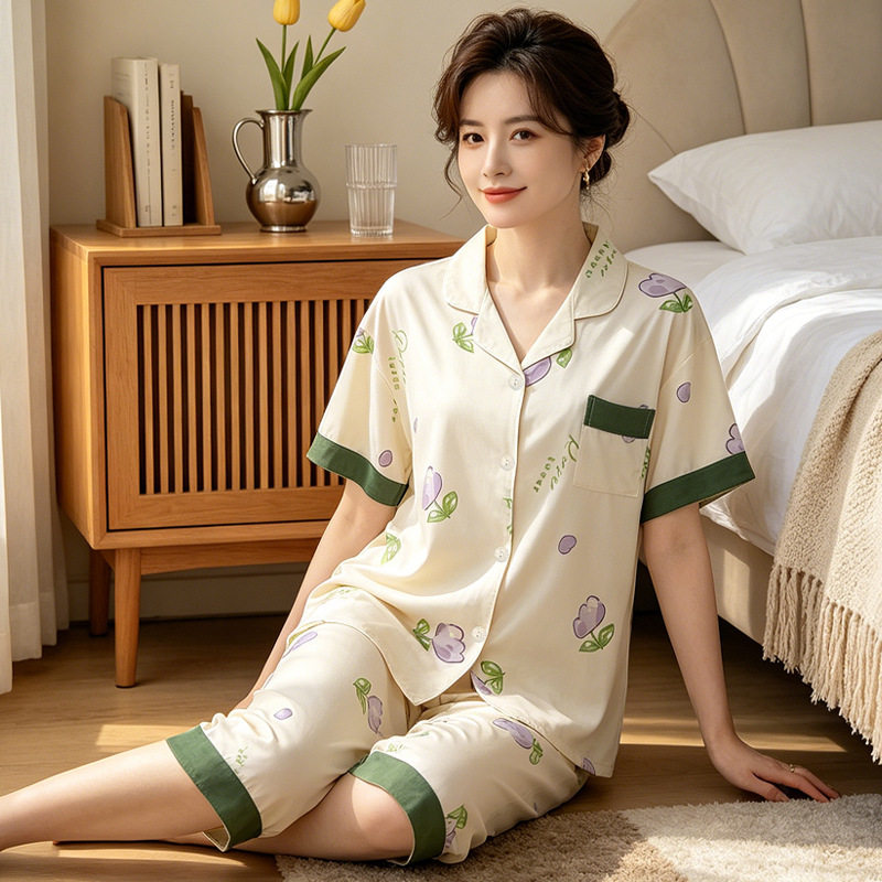睡衣女夏季仿棉短袖七分裤新款大码高级感花朵中年妈妈家居服