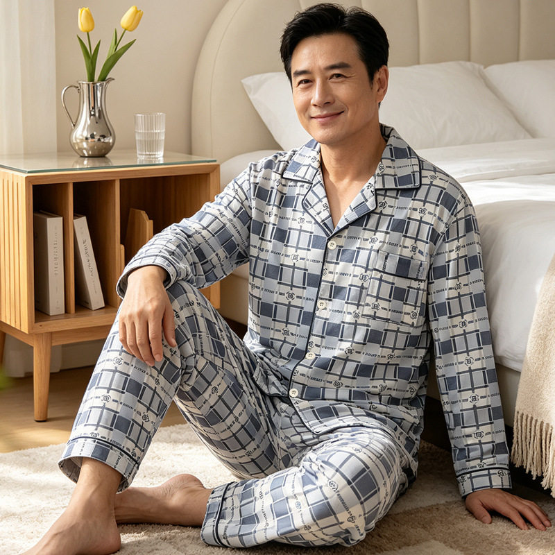 中老年男士睡衣秋季新款仿棉长袖爸爸大码老人开衫家居服套装