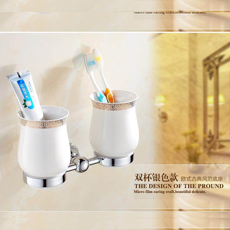 水晶牙刷杯架漱口杯架双杯陶瓷花纹口杯浴室挂件