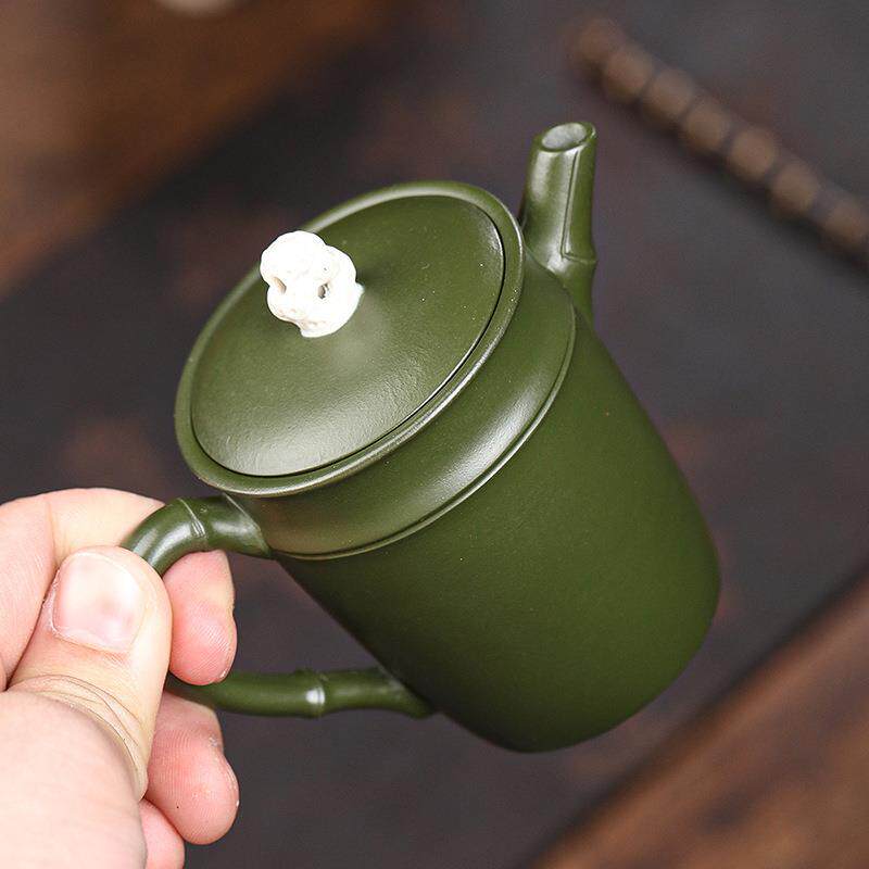 名家全纯手工刻绘宜兴紫砂壶原矿绿泥太湖石竹段茶壶礼品茶具