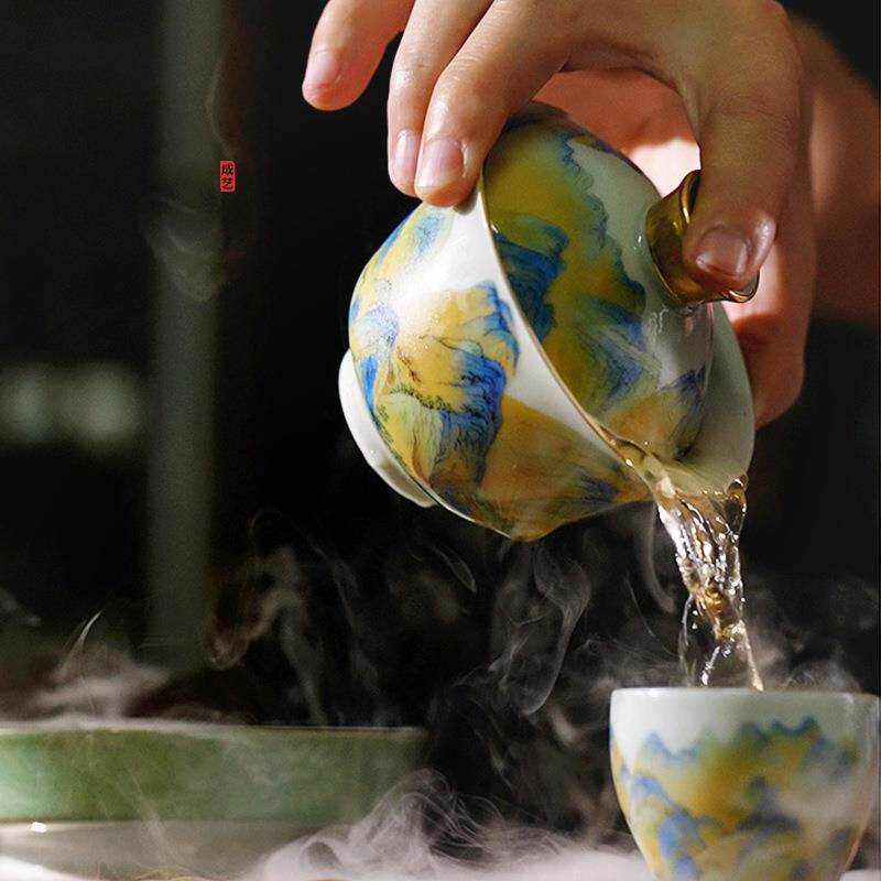 工坊千里江山三才盖碗陶瓷功夫茶具套装大号茶碗茶杯三炮台碗