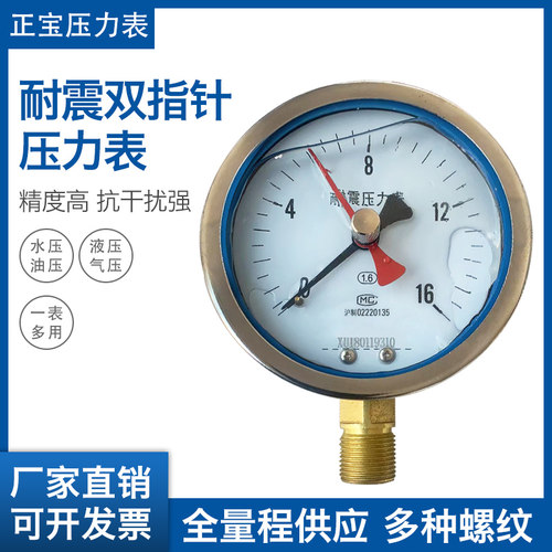 YN100记忆型耐震压力表双指针油压表留点记忆1mpa1.6 2.5上海正宝