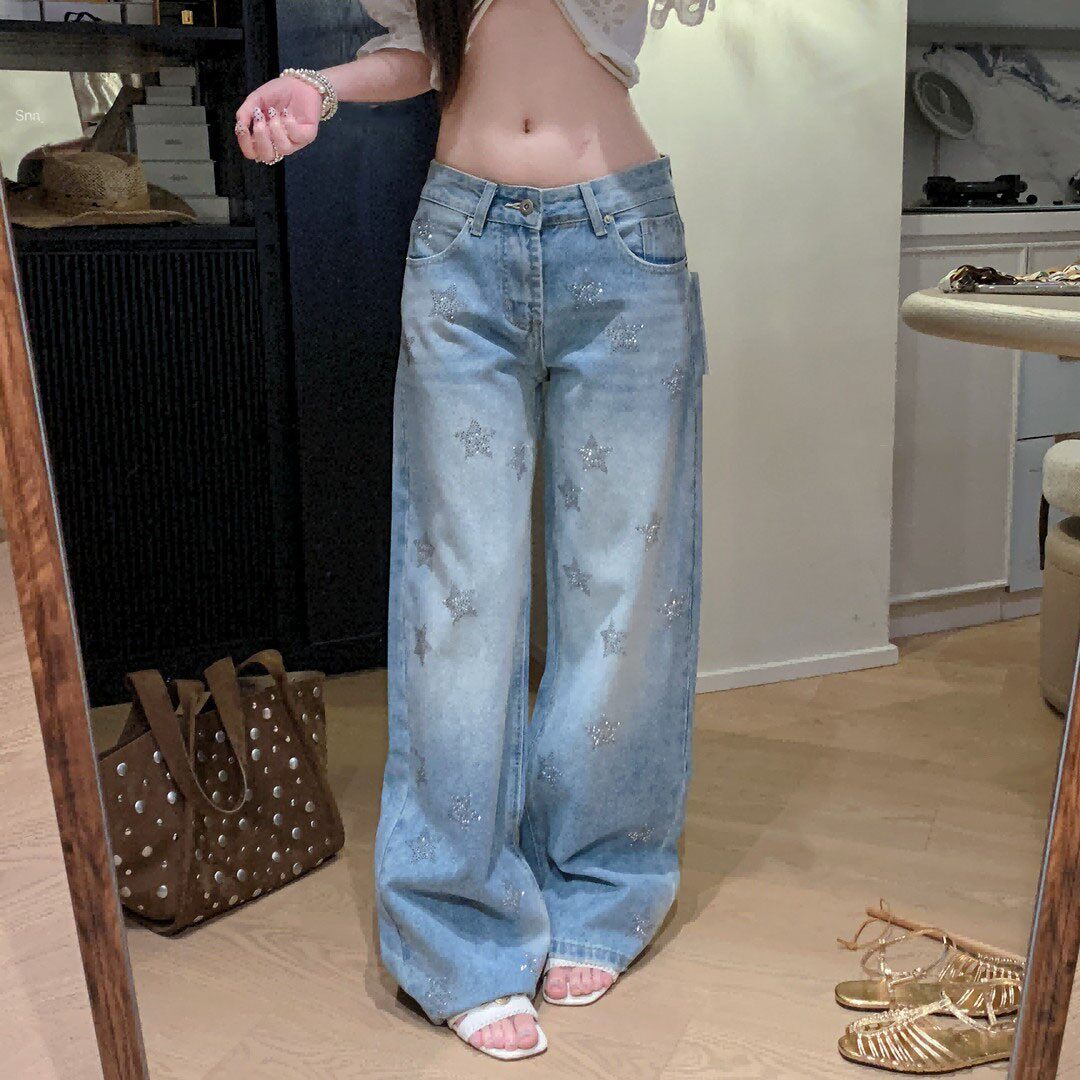高腰阔腿满钻显瘦百搭牛仔裤女