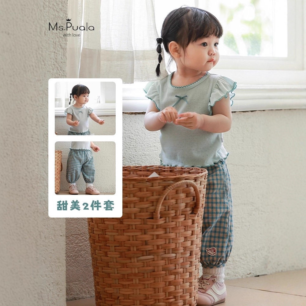 新款女童宝宝外出套装T恤休闲裤夏季韩系七分裤婴幼童两件套套装