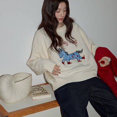 吵吵家浅杏色加厚绣花小马毛衣女2025冬高级宽松休闲针织毛线上衣
