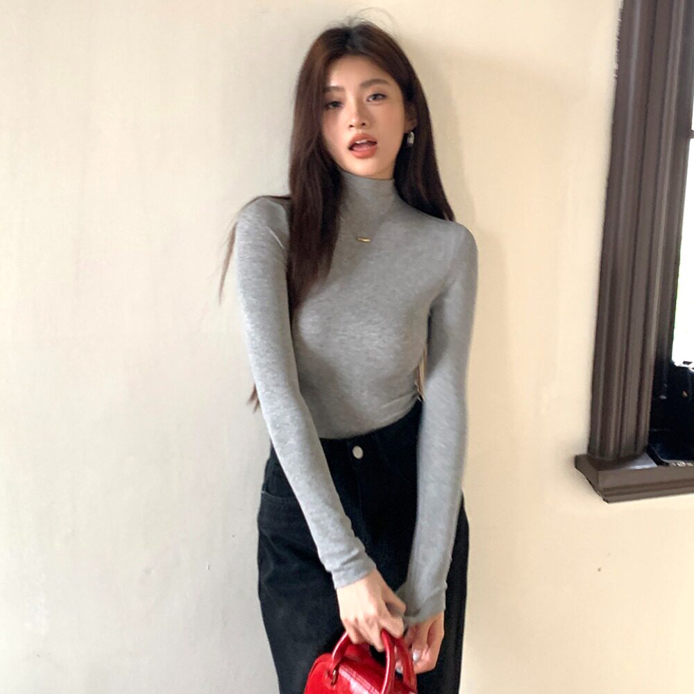 2026春装新款半高领修身长袖打底衫女欧美紧身辣妹百搭上衣