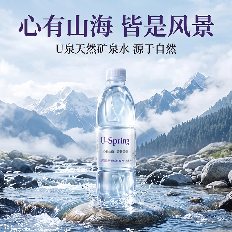 U泉天然矿泉水550ml*24瓶家庭健康高端弱碱性饮用水整箱批发特价