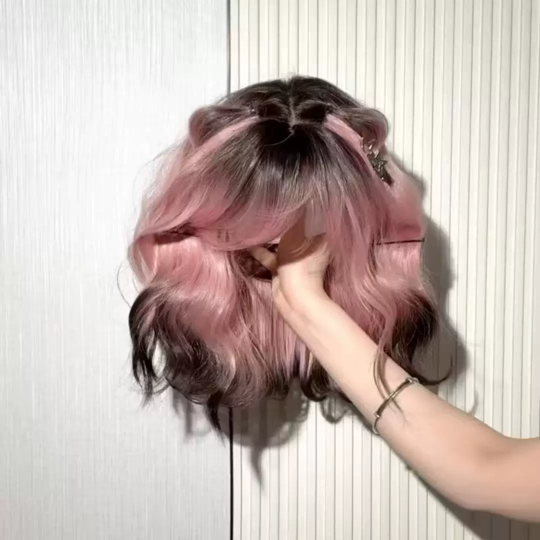 假发女粉色暹罗猫挑染渐变短卷发lolita羊毛卷自然仿真整顶全头套