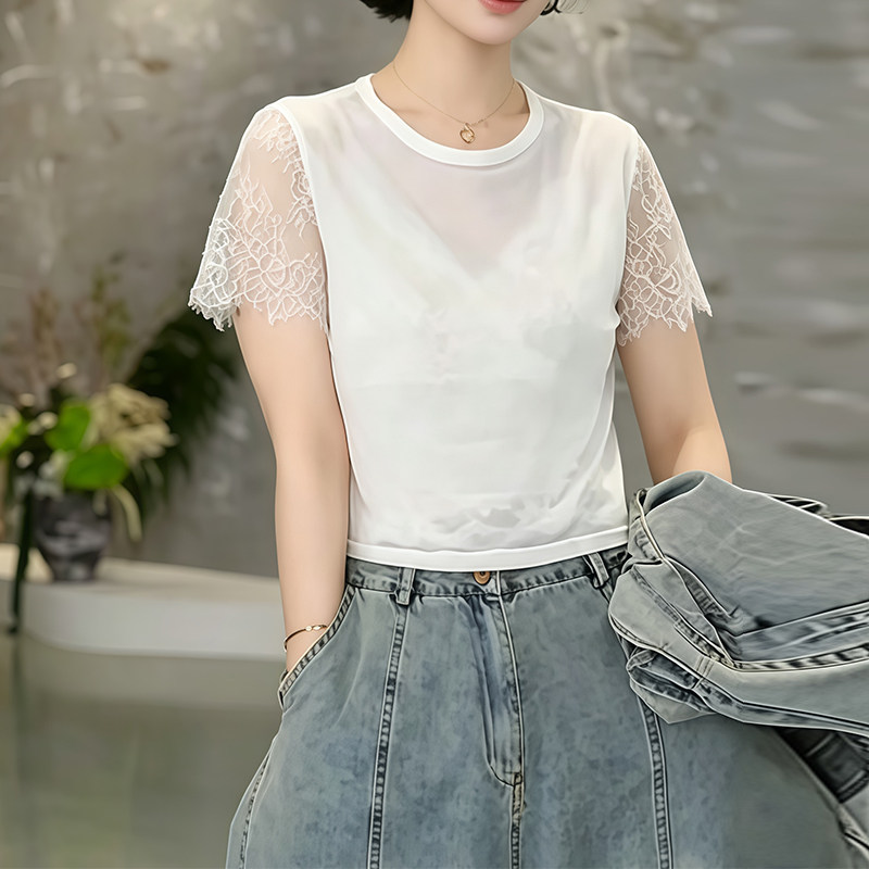 夏季网纱蕾丝短袖打底衫女图片