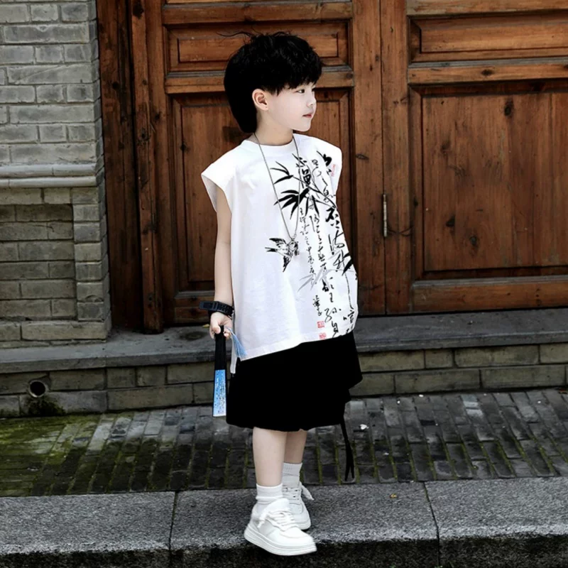 男童新中式国风无袖汉服套装2025新款男孩酷帅夏装端午国潮演出服