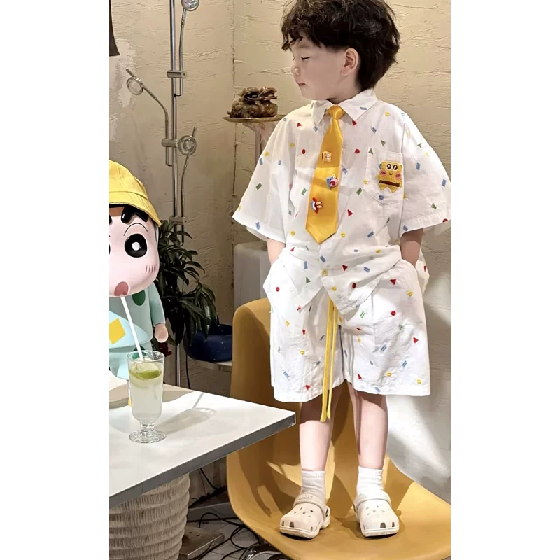 男童夏季短袖短裤休闲衬衫套装2024新款男孩百搭炸街男宝帅气潮服