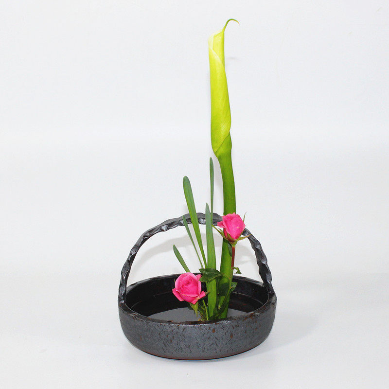 陶瓷花篮 复古粗陶花器 花盆 艺术插花篮子 茶室花艺装饰摆件